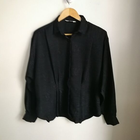 VINTAGE EATON 80 Black Secretary Style Flowy Oversized Button Front Blouse Large - Picture 2 of 14